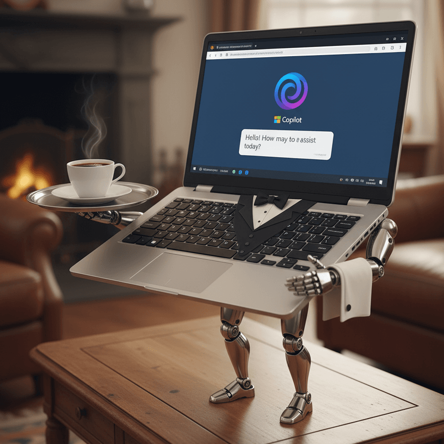 En la imagen se hace una broma en la que se disfraza a un portátil de mayordomo