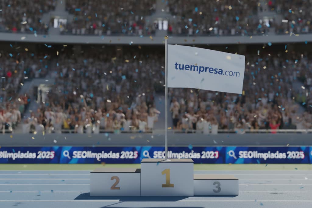 Una bandera con el dominio de tu negocio primera en el podio de google gracias al SEO