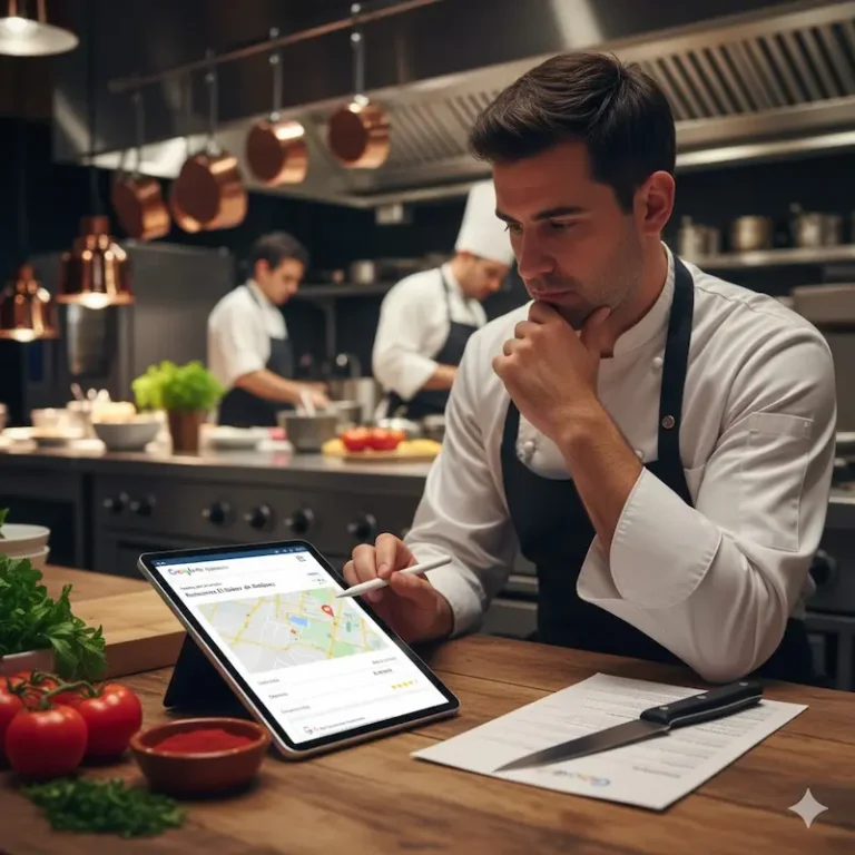 Un chef y dueño de un restaurante local se encuentra aparentemente preocupado e inmerso en la creación de la ficha de Google my Business de su restaurante en Badajoz