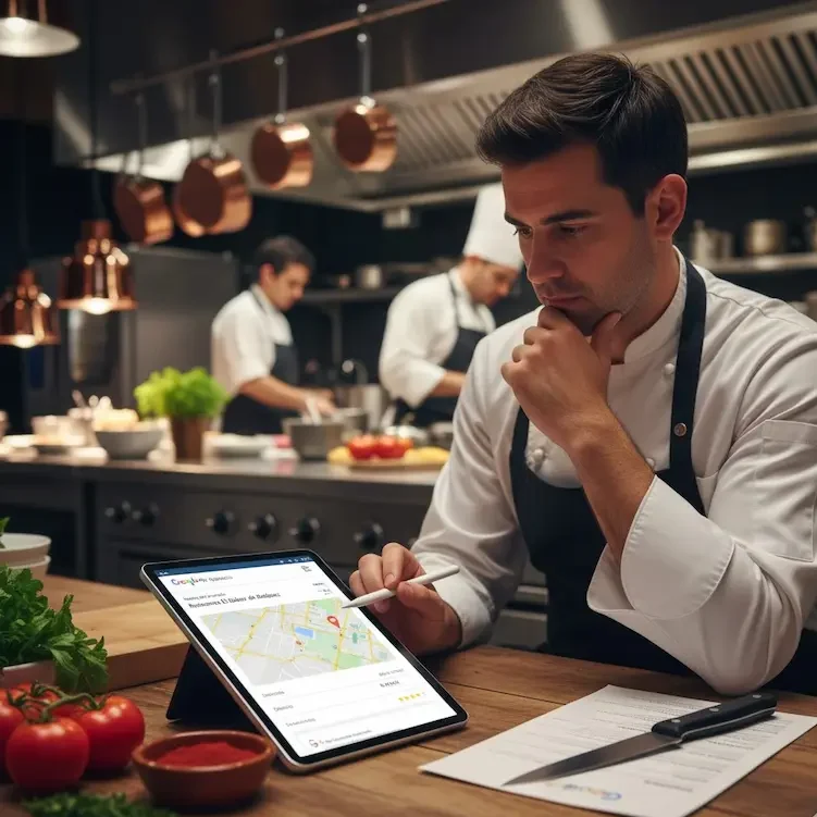 Un chef y dueño de un restaurante local se encuentra aparentemente preocupado e inmerso en la creación de la ficha de Google my Business de su restaurante en Badajoz