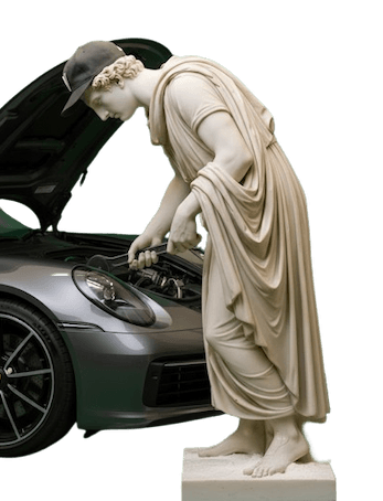 escultura griega de un hombre algo inclinado que porta una llave inglesa y una gorra de Vértice, simulando que es un mecánico, haciendo una analogía entre el mantenimiento web y el mantenimiento de algo tangible, como un coche