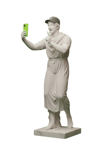 escultura griega de un hombre haciéndose un selfie con un iphone 15 pro verde para postearlo en instagram