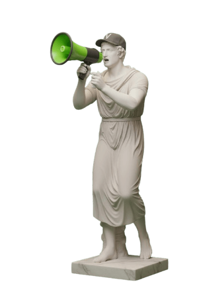 escultura griega de un hombre con un megáfono haciendo un anuncio