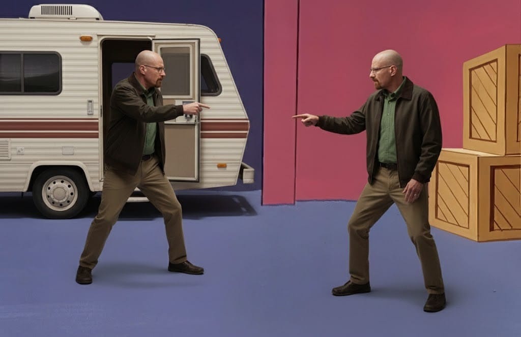 Esta imagen recrea lel clásico meme de los dos Spidermans señalándose, pero esta vez se trata de dos Walter White, puesto que Bryan Cranston, el actor que lo interpreta, es uno de los actores que se han visto sustituido por la ia