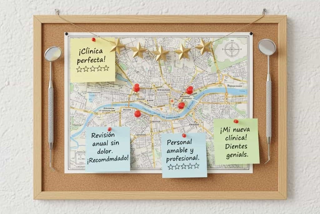 En la imagen se plantea un mapa sobre un corcho en el que hay varias chinchetas que señalizan varias clínicas dentistas. Se intuye que son dentistas porque hay elementos decorativos que lo sugieren, como herramientas de dentistas. También hay post-its en los que se incluyen reseñas, así como estrellas de papel. 
