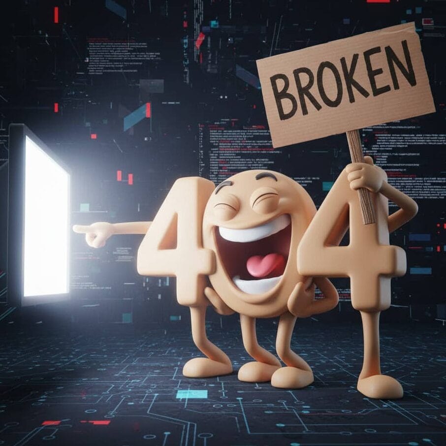 En la foto se ve la caricatura de un error "404" riéndose del usuario de un sitio web. Corregirlo es esencial para el SEO técnico de un negocio digital