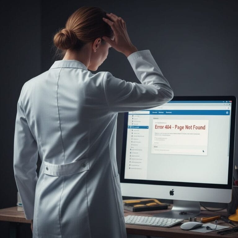 en esta imagen se presenta la imagen de una dentista perpleja al configurar el sitio web de su clínica por encontrarse ante errores técnicos que perturban el posicionamiento de su web