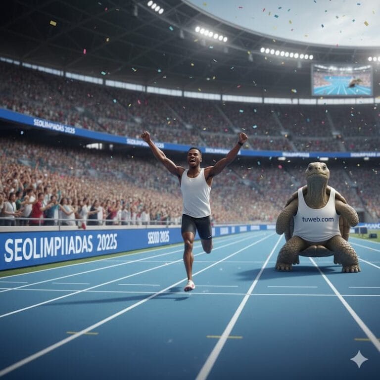 En la imagen se ve a un corredor celebrando haber ganado una carrera frente a una grada entregada, mientras que al fondo, una triste tortuga con una camiseta en la que esta el dominio de tu web, se lamenta por ser demasiado lenta, perjudicando así al seo. Aprende como mejorar la velocidad de carga de tu web.