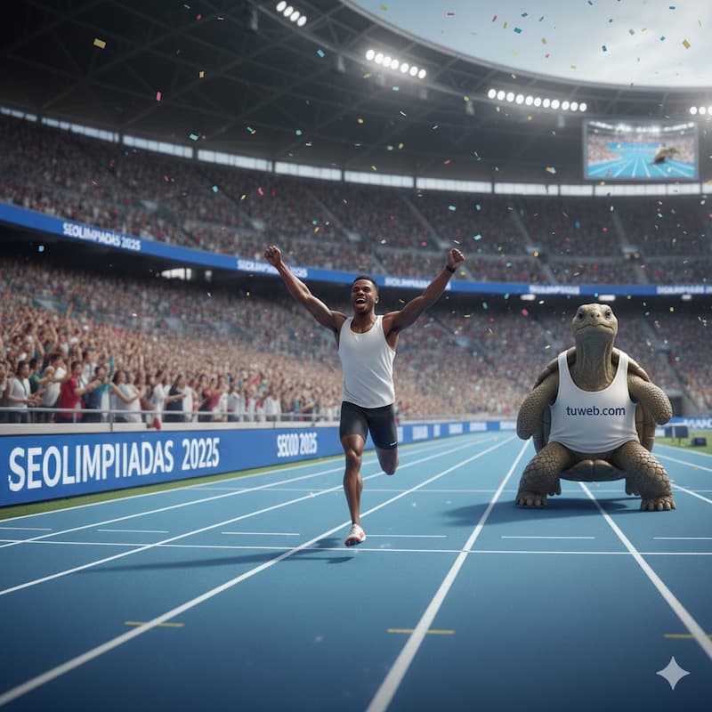 En la imagen se ve a un corredor celebrando haber ganado una carrera frente a una grada entregada, mientras que al fondo, una triste tortuga con una camiseta en la que esta el dominio de tu web, se lamenta por ser demasiado lenta, perjudicando así al seo. Aprende como mejorar la velocidad de carga de tu web.