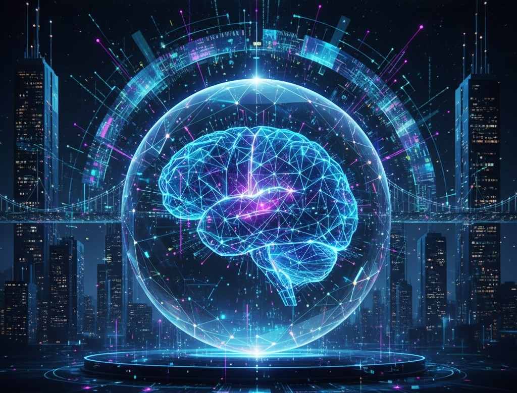 En la foto se vislumbra una red neuronal que simula un cerebro, haciendo una analogía entre la inteligencia humana y la inteligencia artificial