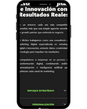 Imagen de la página web de Vértice con un diseño responsive adaptada a teléfonos moviles