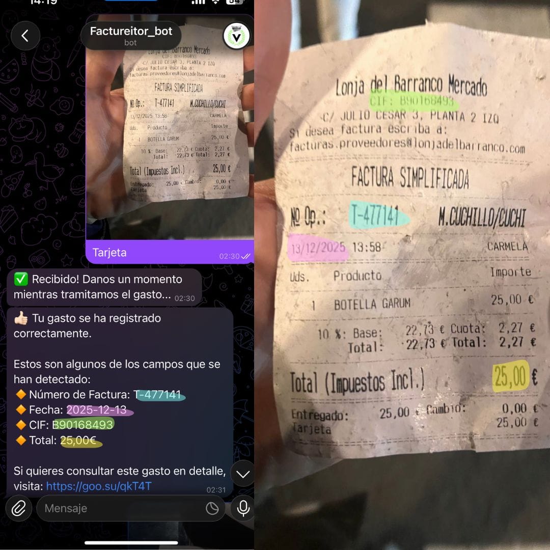 sólo mandando una foto de un ticket el chatbot registra el gasto del empleado con un índice de error muy bajo

